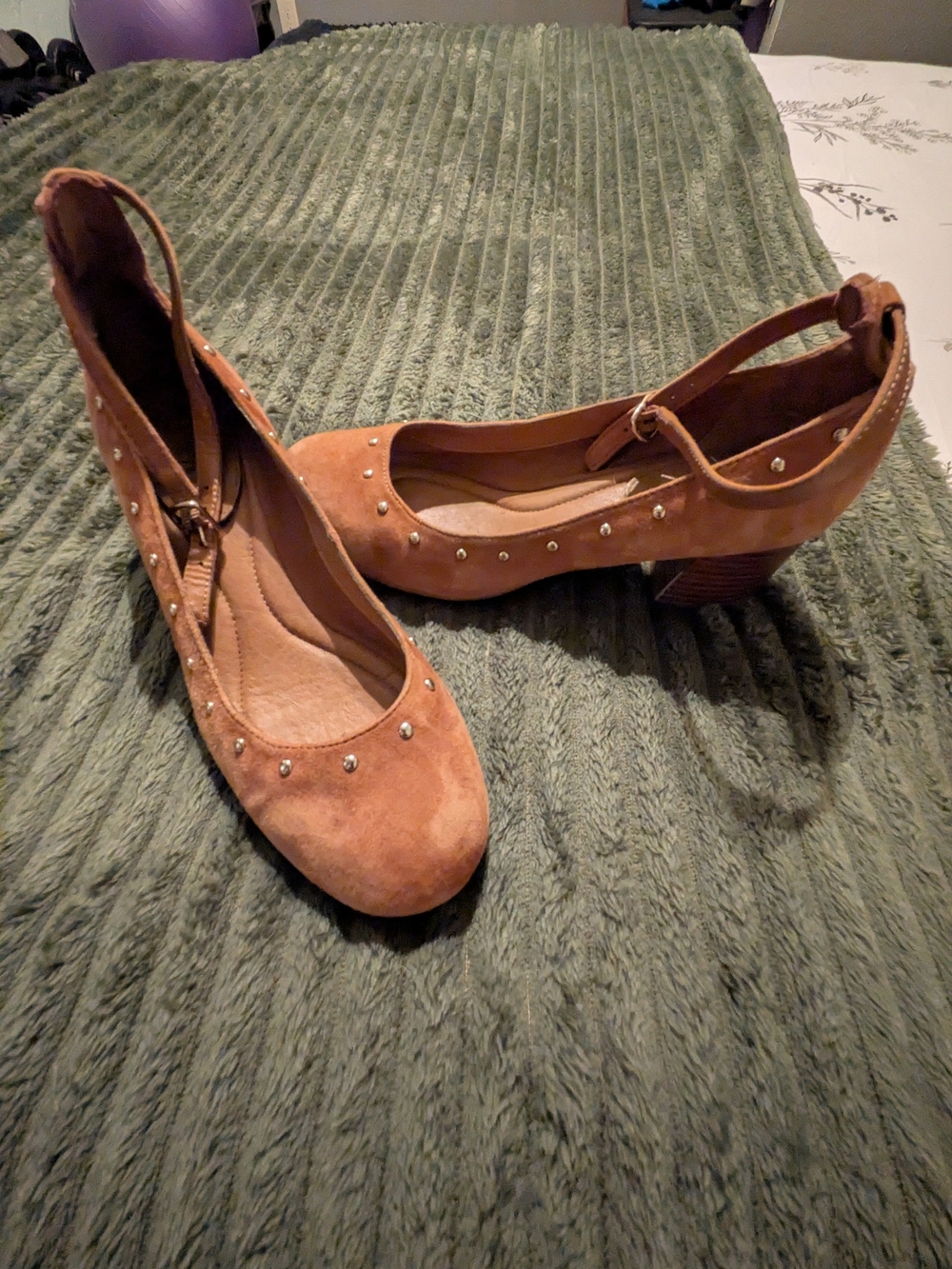 Suede Studded Tan Mid-Heel Pumps with Ankle Strap